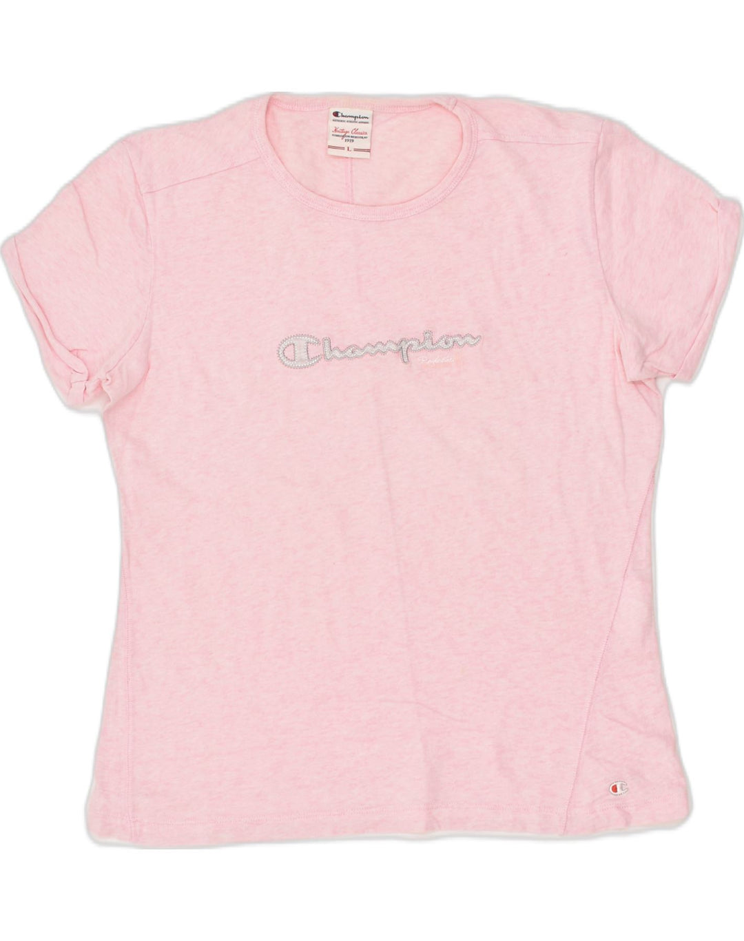 CHAMPION Womens Graphic T-Shirt Top UK 14 Large Pink Cotton | Vintage Champion | Thrift | Second-Hand Champion | Used Clothing | Messina Hembry 