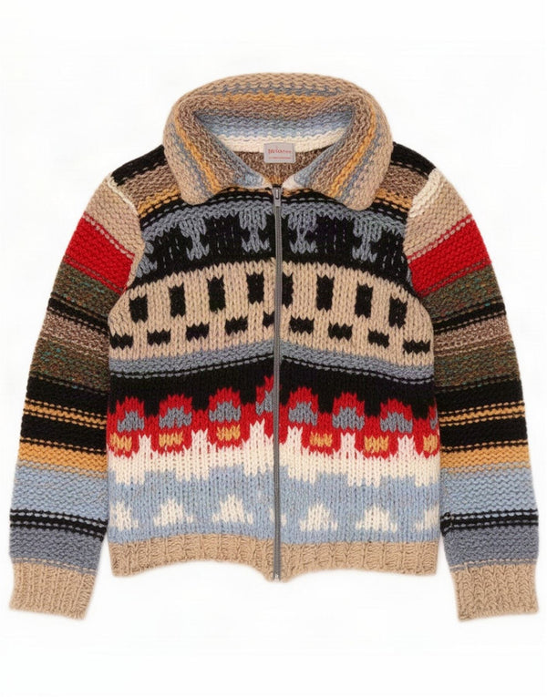 Vintage damski sweter kardigan UK 12 średni wielokolorowy wełniany blok kolorów