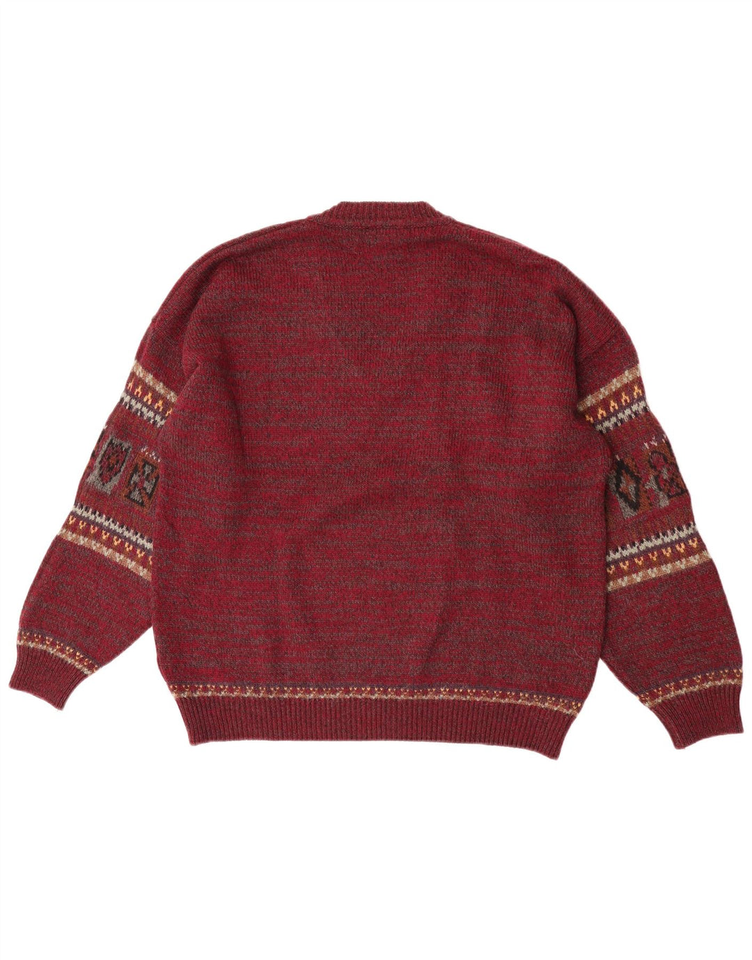 Fiume Mens V-Neck Jumper Sweater Large Burgundy Fair Isle Wool
