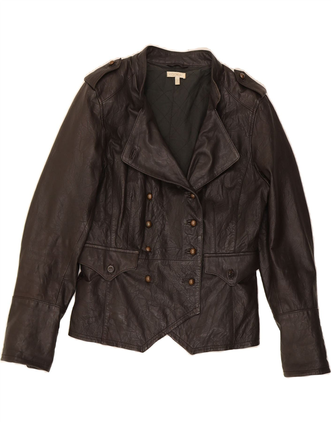 KOOKAI Womens Double Breasted Military Jacket Size 3 XS Brown Leather Vintage Kookai and Second-Hand Kookai from Messina Hembry 
