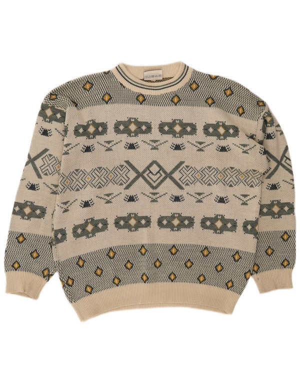 Vintage Mens Crew Neck Jumper Sweater Large Off White Colourblock Retro