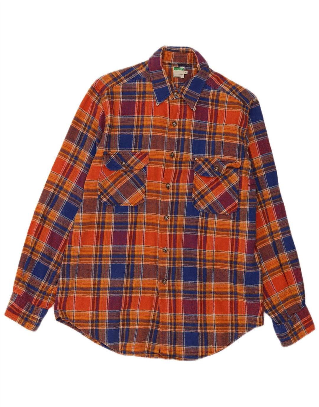 BENETTON Mens Flannel Shirt Medium Orange Check Cotton