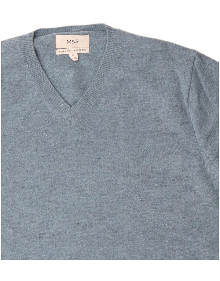 Marks & Spencer Pull col V pour homme XL en laine d'agneau mouchetée bleu