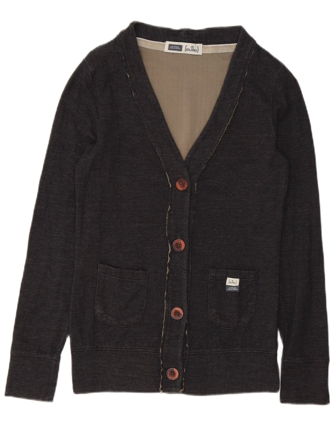 Guru Mens Cardigan Sweater Small Grey Cotton