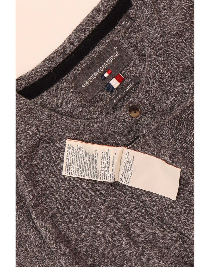 Superdry Mens Regular Fit Button Neck Jumper Sweater XL Grey Flecked Cotton