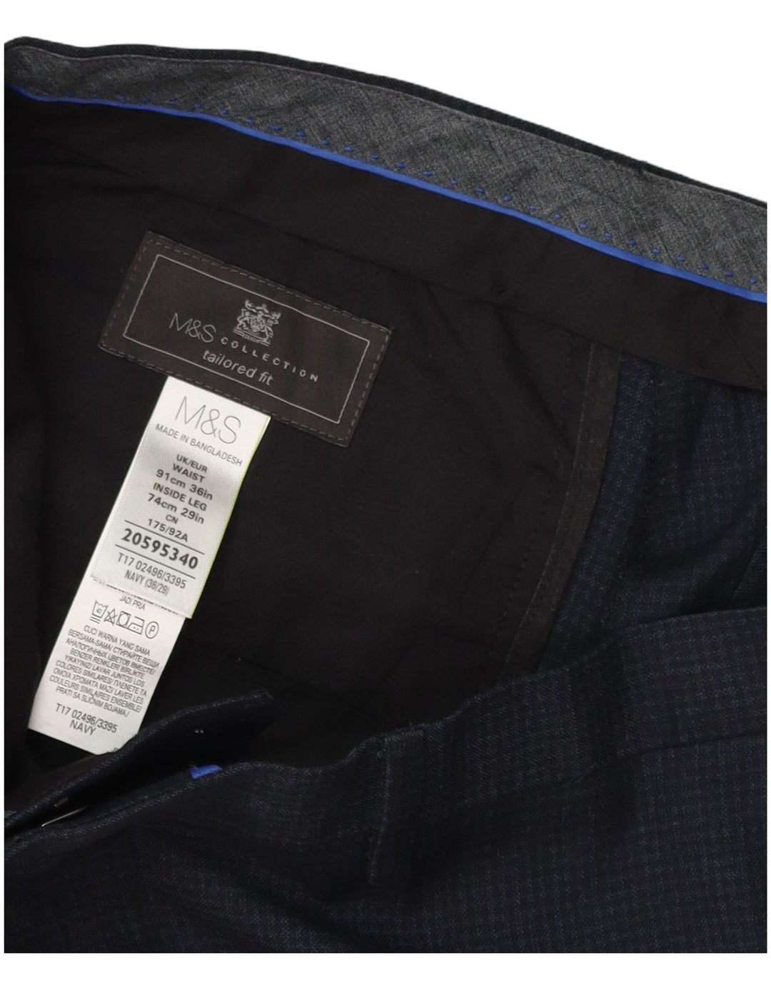 Marks & Spencer Mens Tailored Fit Suit Trousers W36 L29 Navy Blue Check