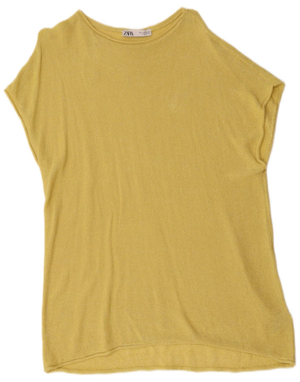 Zara Womens Short Sleeve Boat Neck Jumper Sweater UK 16 Large Yellow Cotton