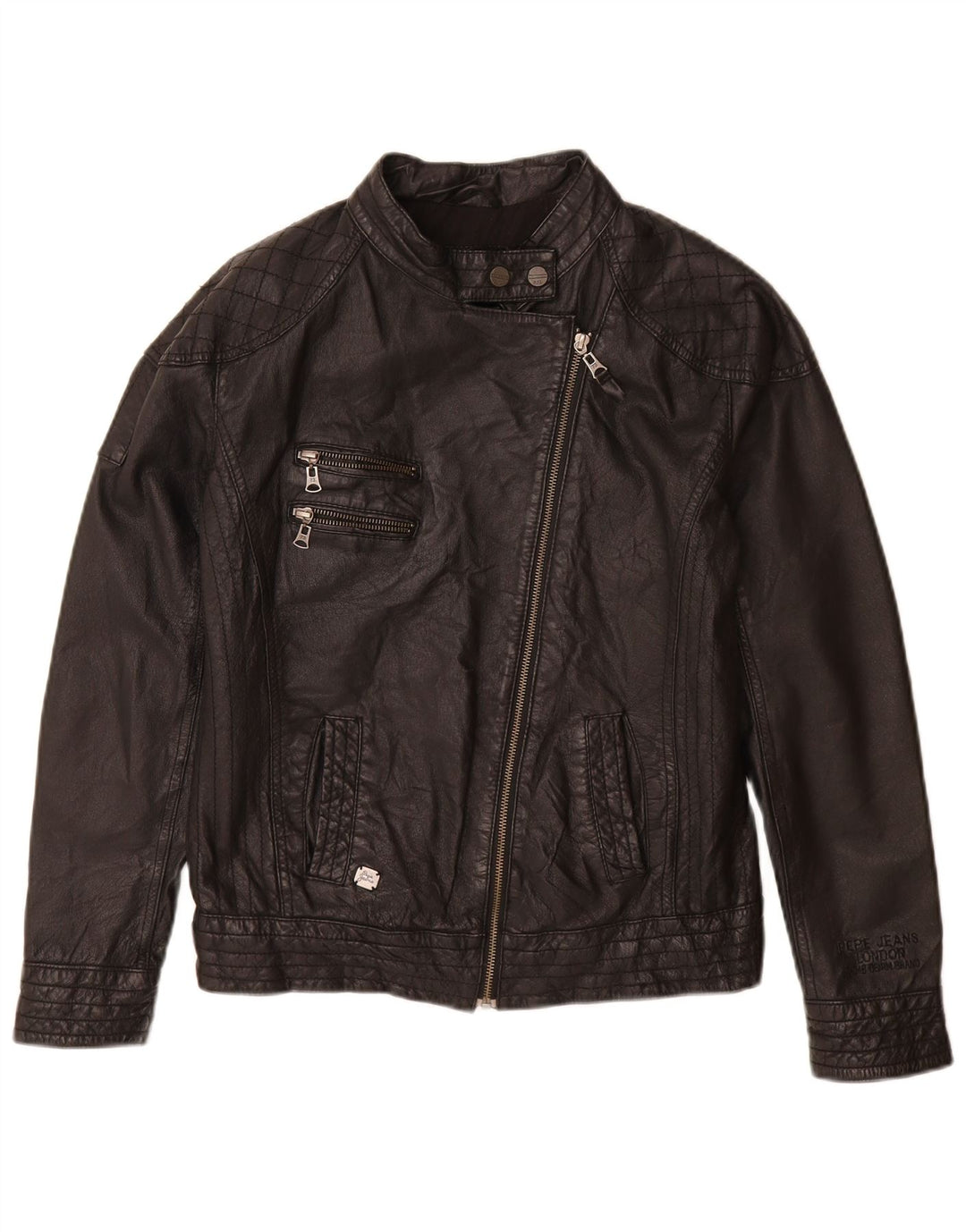 PEPE Jeans Womens Leather Biker Jacket UK 14 Medium Black Leather