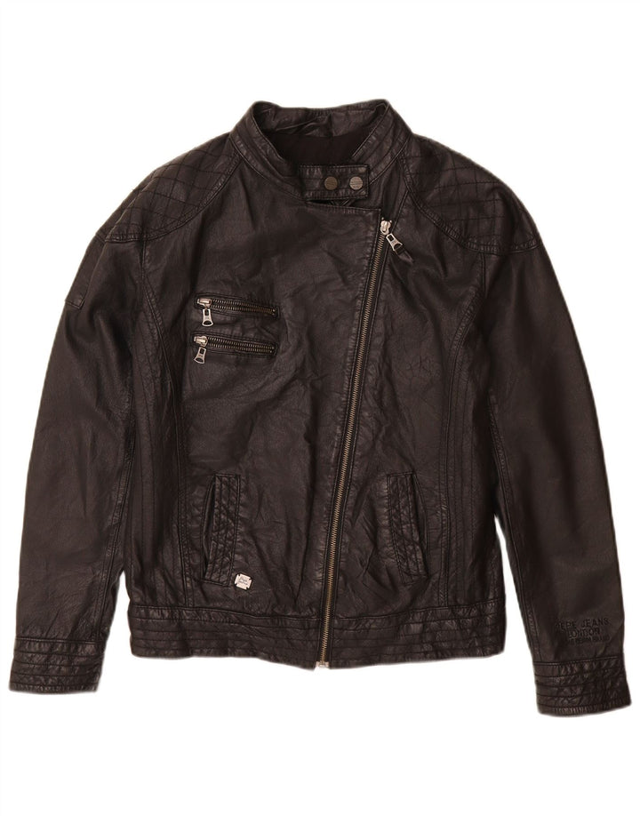 PEPE Jeans Womens Leather Biker Jacket UK 14 Medium Black Leather