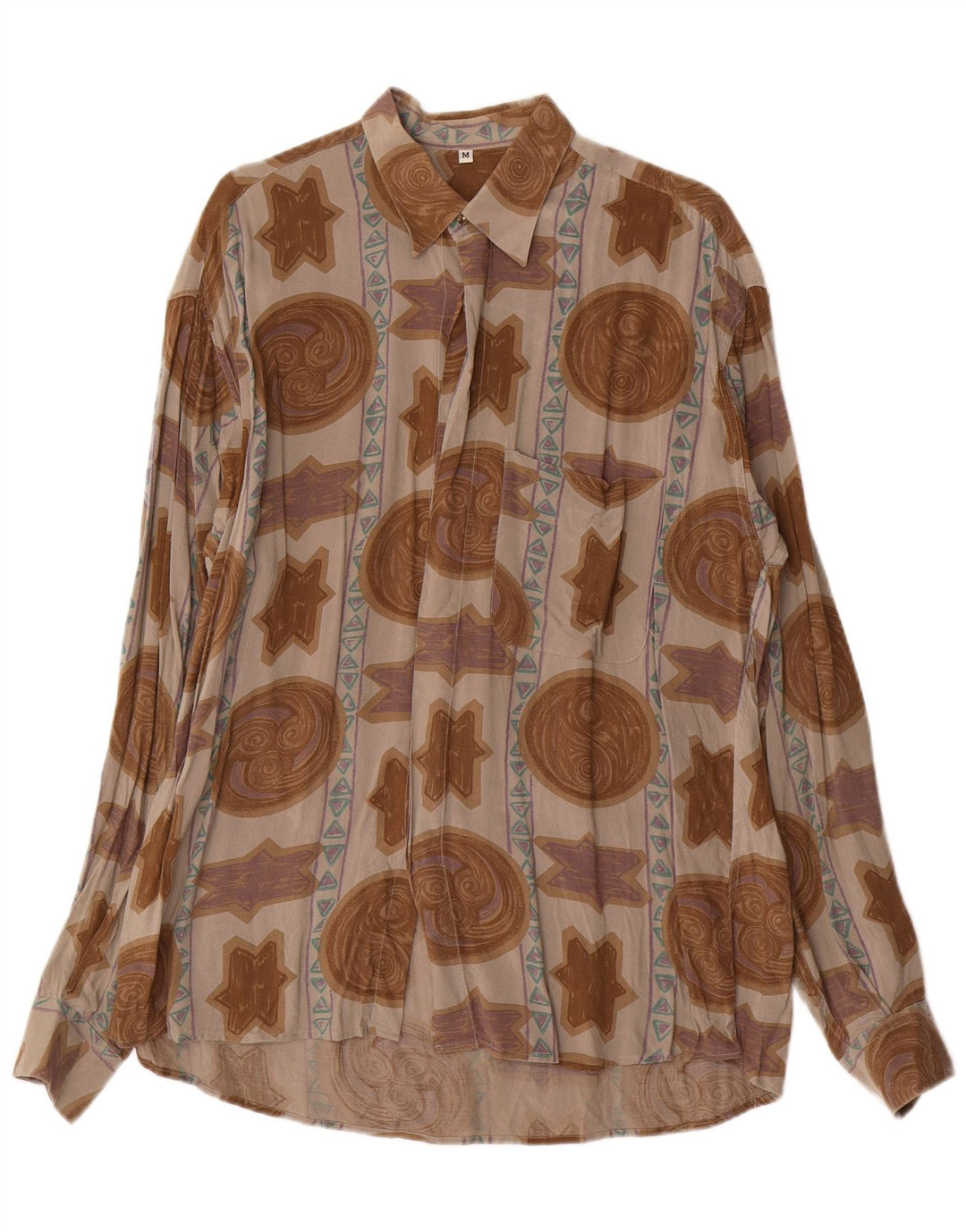 Vintage Mens Abstract Pattern Shirt Medium Brown Viscose