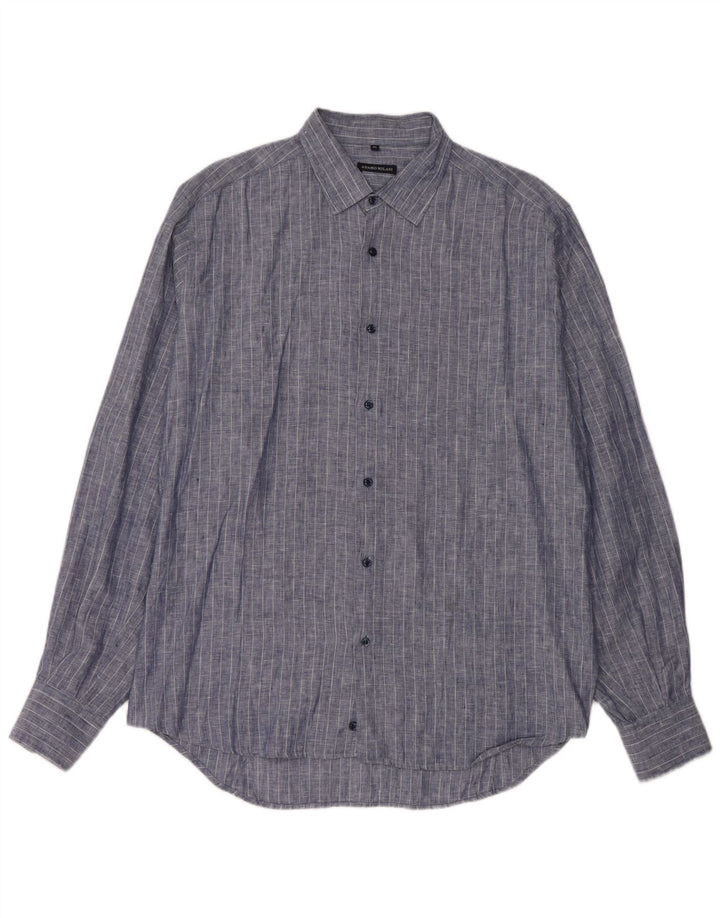 VINTAGE Mens Shirt XL Blue Pinstripe Linen