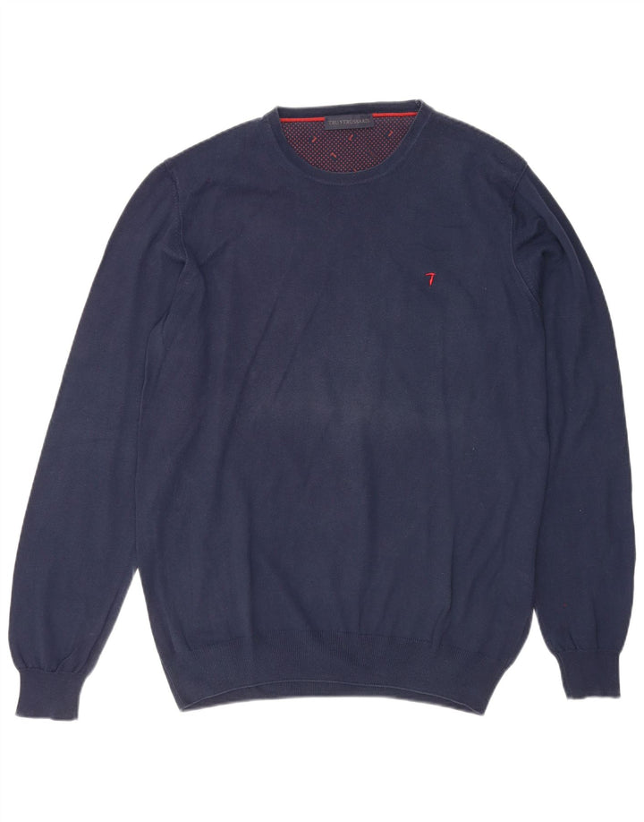TRUSSARDI Mens Crew Neck Jumper Sweater Medium Navy Blue Cotton