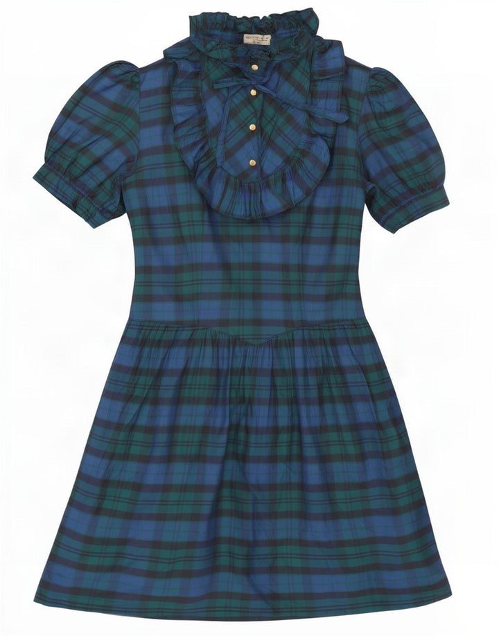 Abito vintage da donna a trapezio con volant sul davanti IT 42 Seta a quadri blu navy medio