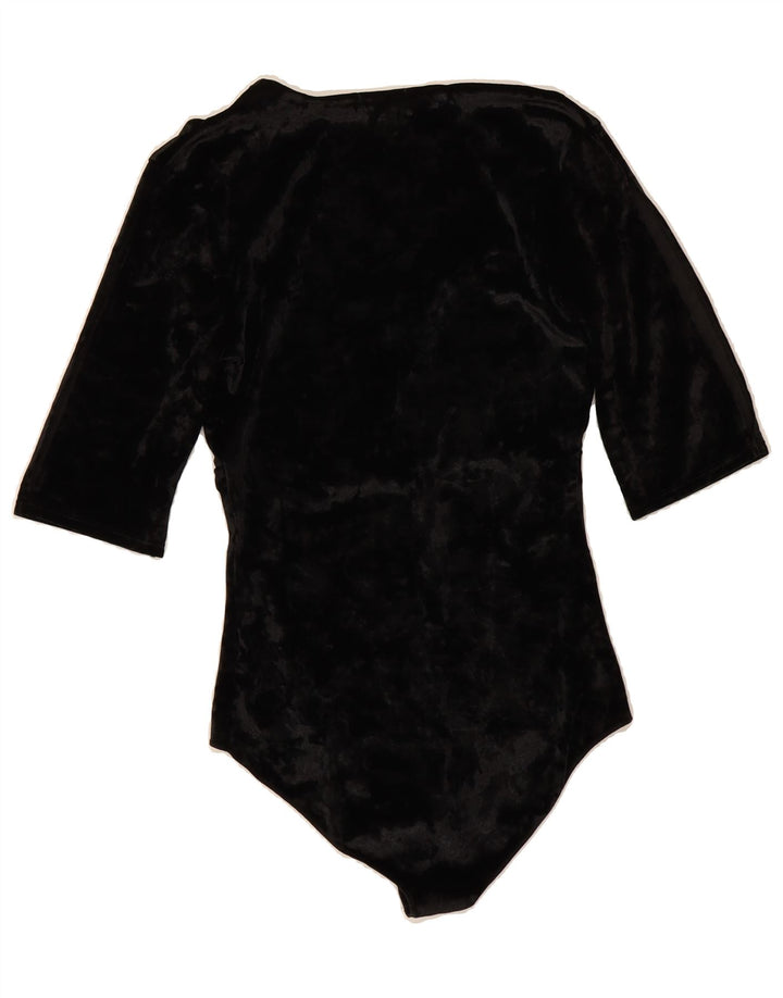TEZENIS Womens Velvet 3/4 Sleeve Bodysuit UK 12 Medium Black Vintage Tezenis and Second-Hand Tezenis from Messina Hembry 