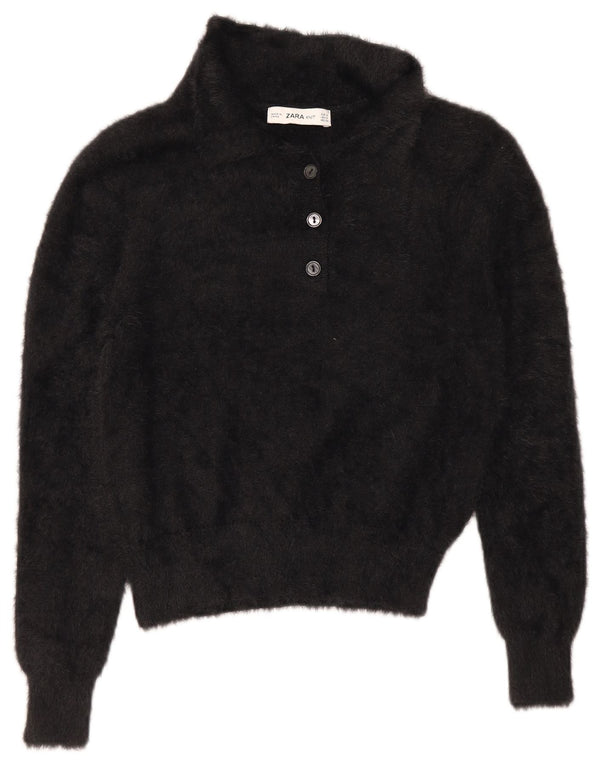 Zara Womens Crop Polo Neck Jumper Sweater UK 10 Small Black Nylon