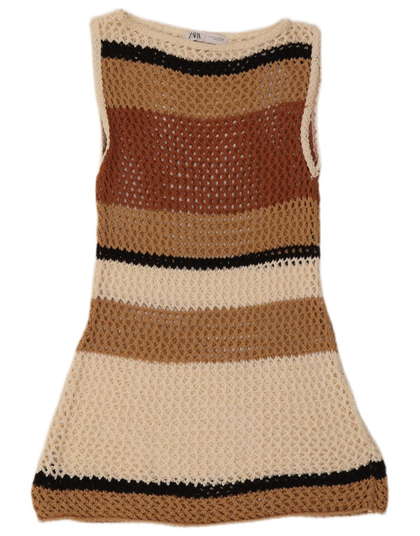 Abito da donna all'uncinetto senza maniche da spiaggia Zara UK 12 Beige medio a righe