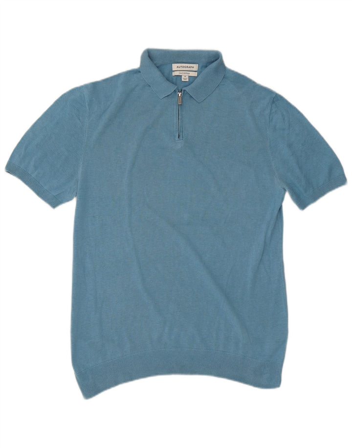Polo autografata da uomo Marks & Spencer in seta blu medio