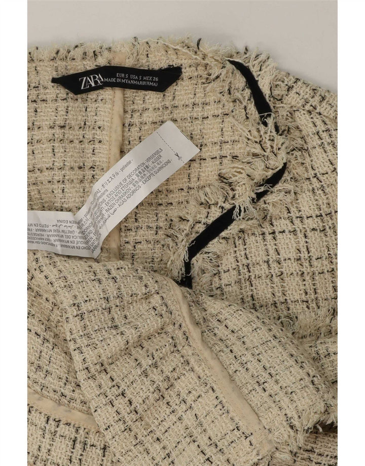 Zara Mujer Chaqueta Americana Abierta UK 10 Small Beige Check Poliéster