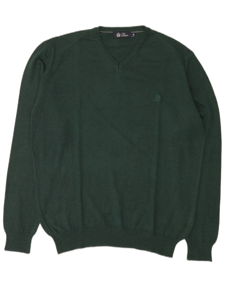Męski sweter z dekoltem w kształcie litery V, XL, zielona wełna