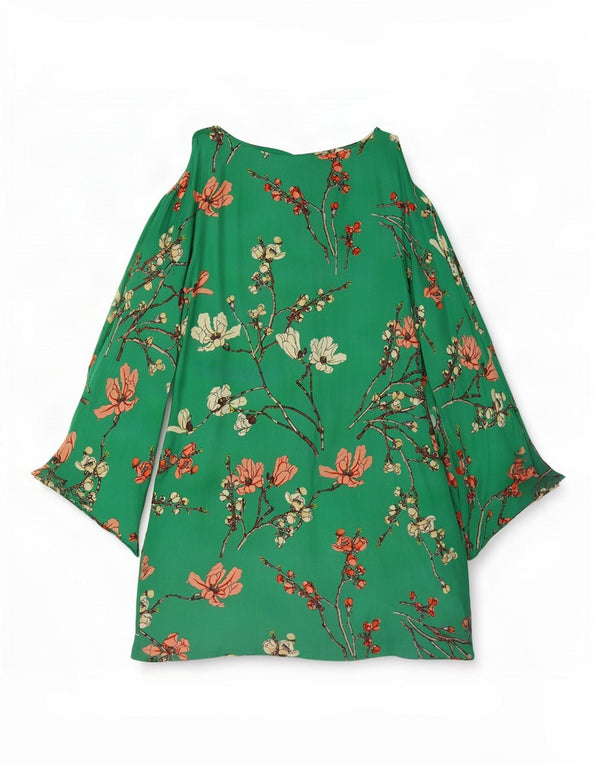 Vestido feminino Zara de manga comprida UK 12 seda floral verde médio