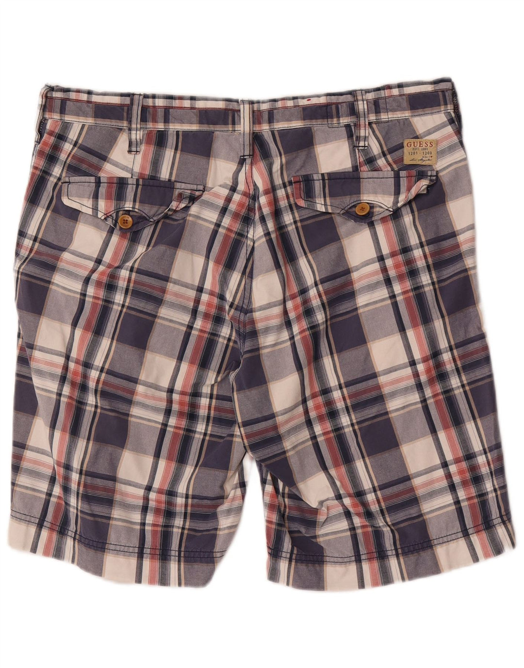 Guess Mens Chino Shorts W34 Large Navy Blue Check Cotton