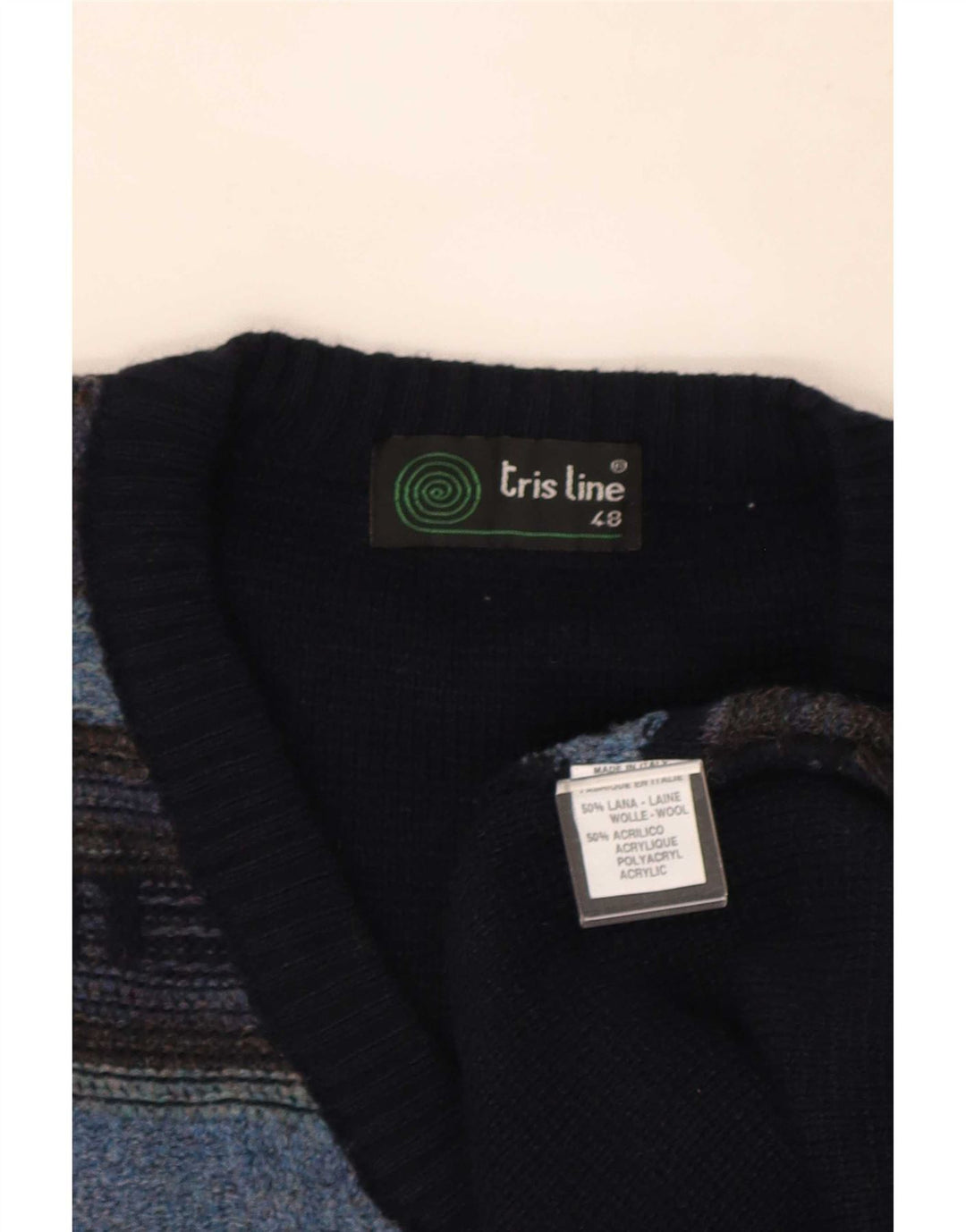 Maglione da uomo con scollo a V Tris Line IT 48 Lana a righe blu navy medio