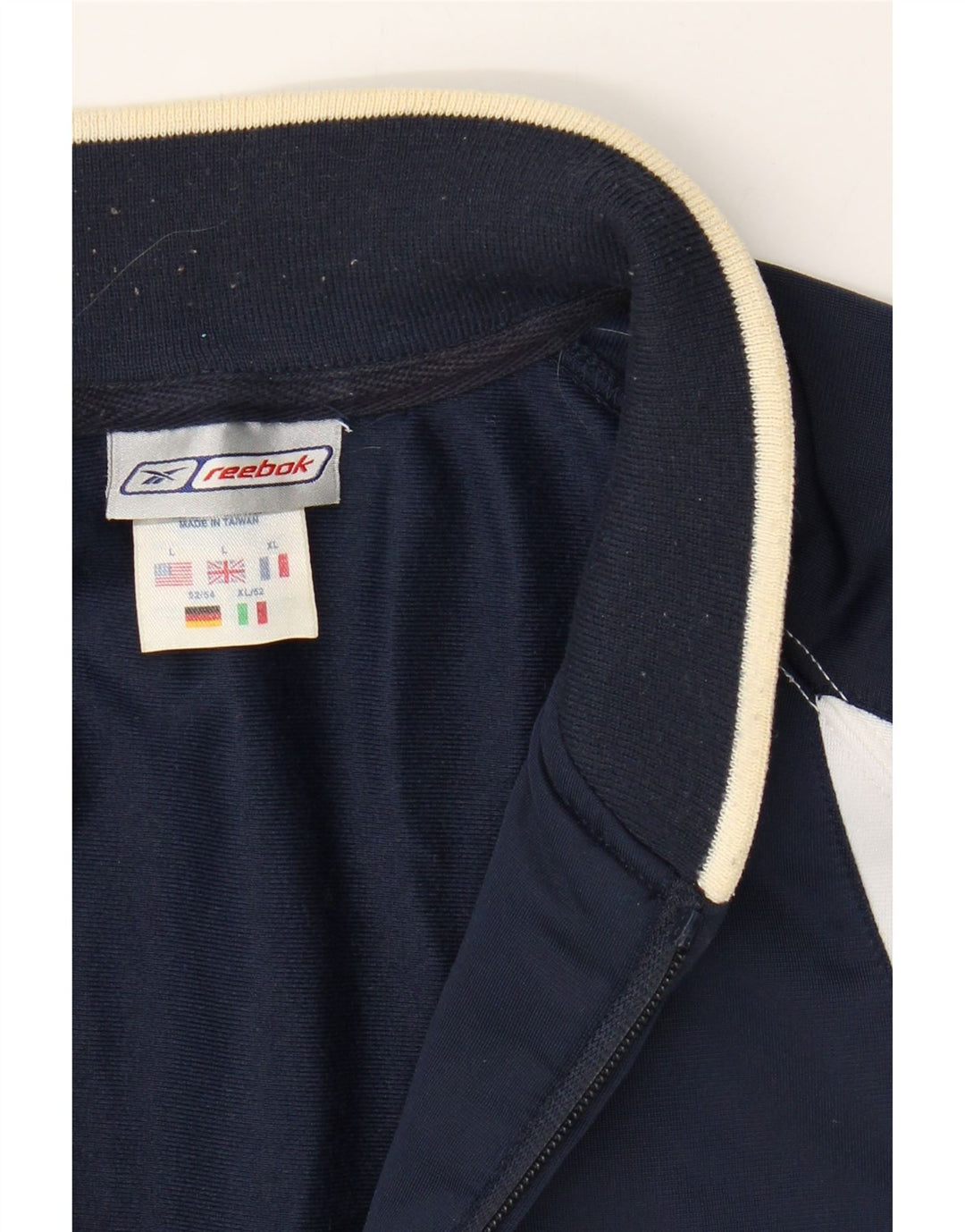 REEBOK Mens Tracksuit Top Jacket Large Navy Blue Colourblock Polyester Vintage Reebok and Second-Hand Reebok from Messina Hembry 