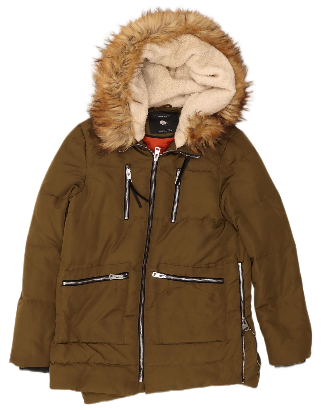 Zara Mujer Chaqueta Acolchada Con Capucha UK 10 Small Caqui Poliéster