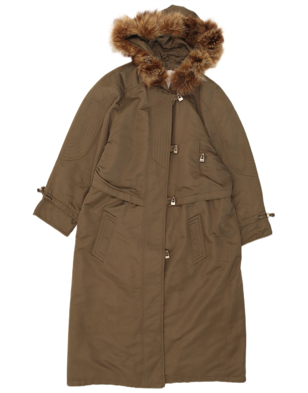 Vintage Womens Hooded Overcoat UK 14 Large Khaki Polyester