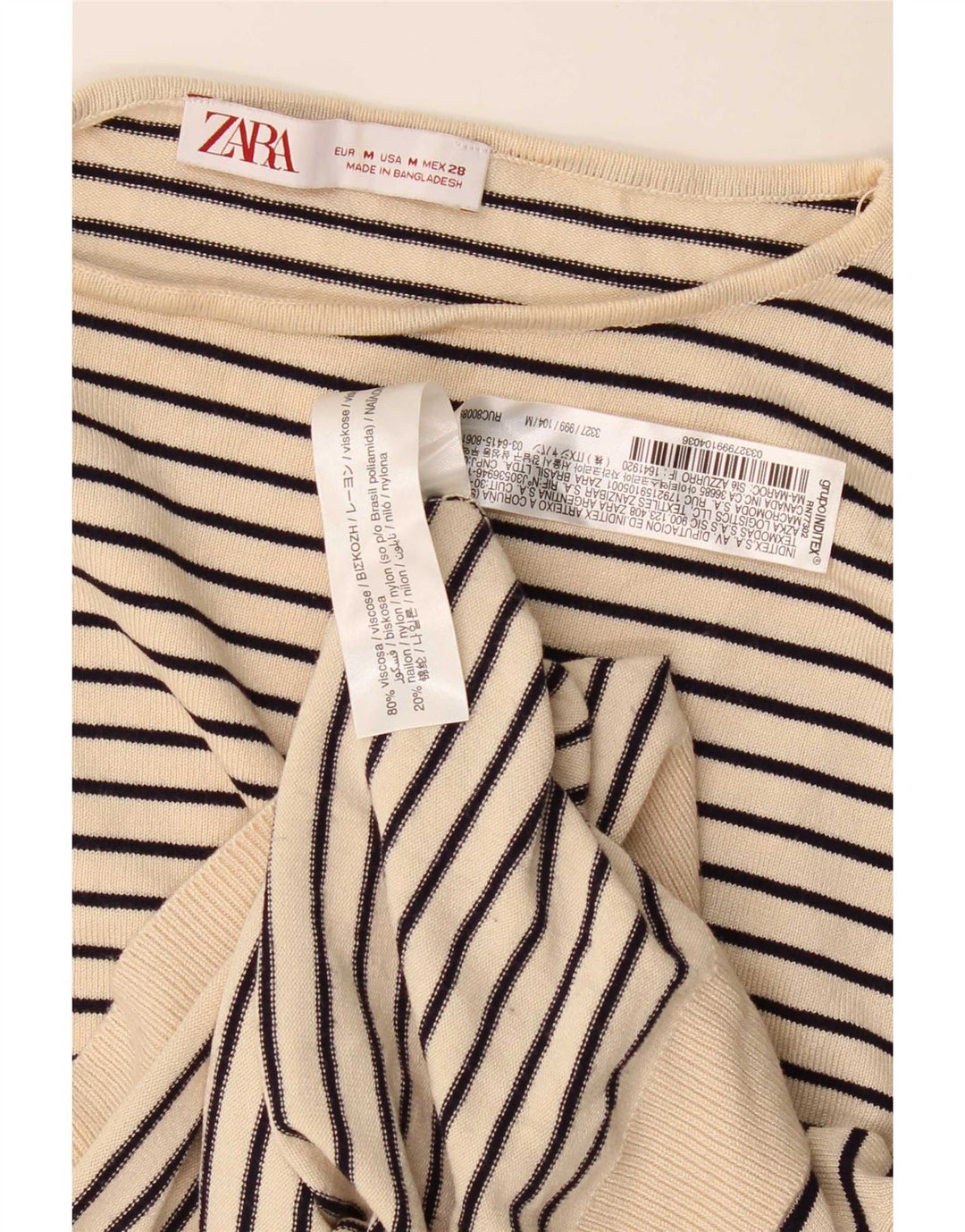 Zara Womens Top Long Sleeve UK 14 Medium Beige Striped Viscose