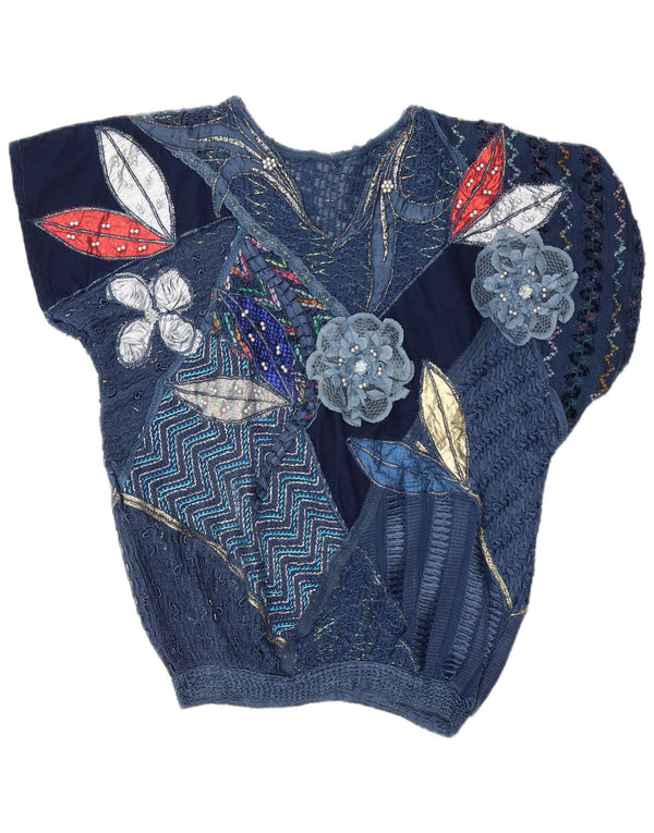 Vintage Dame bluse Top UK 16 Large Navy Blue Patchwork