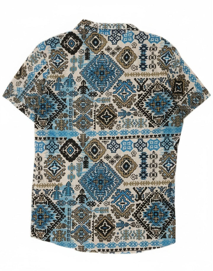 Vintage Mens Short Sleeve Shirt Large Blue Ikat Rayon