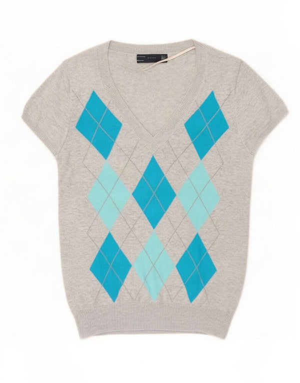Zara Womens V-Neck Jumper Sweater UK 12 Medium Grey Argyle/Diamond