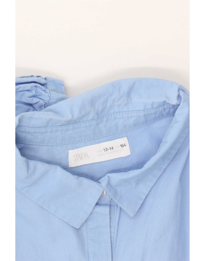 Zara Girls Ruffle Front Shirt Bluse 13-14 Years Blue