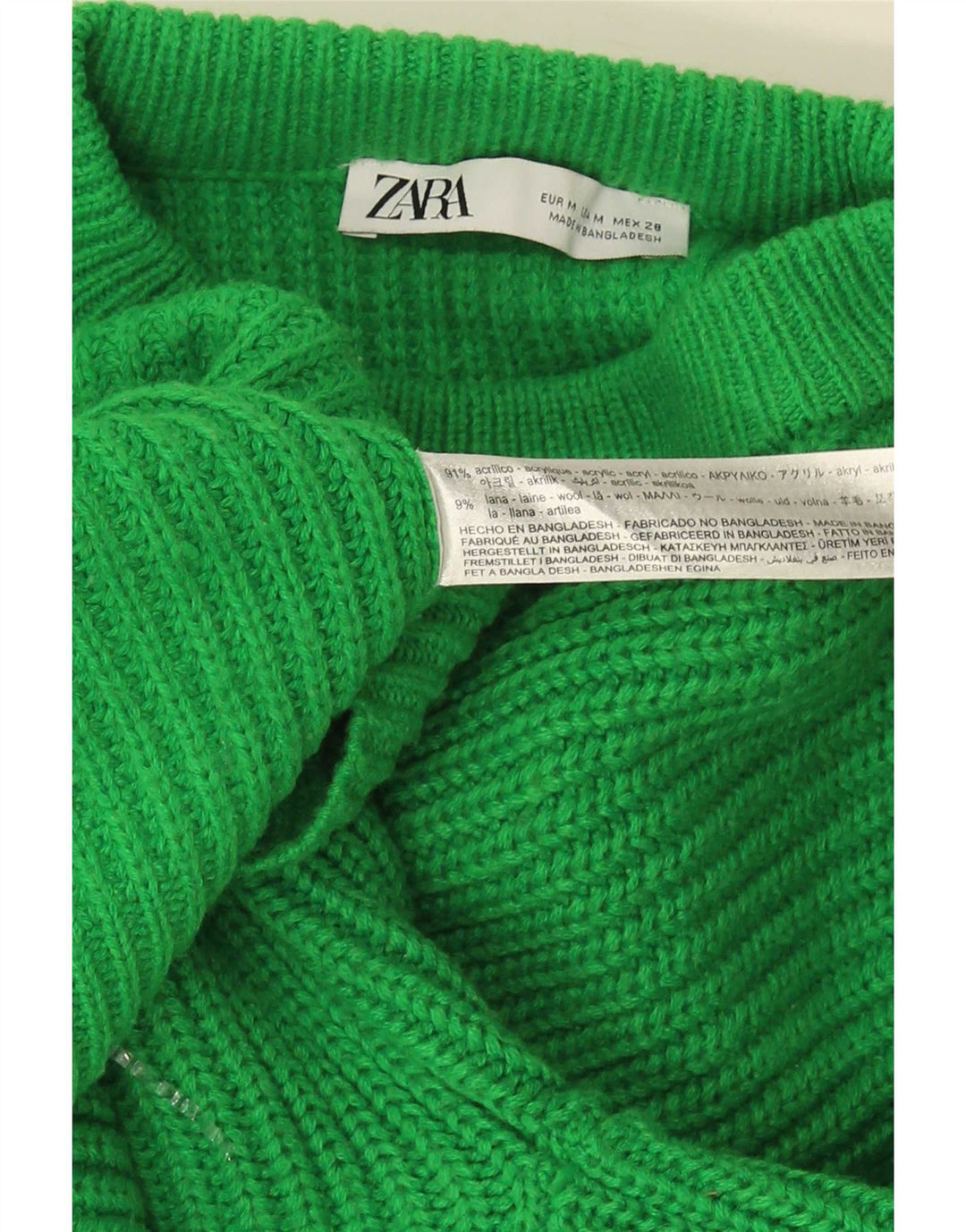 Zara Womens Oversized Crew Neck Jumper Sweater UK 14 Medium Green Acrylic