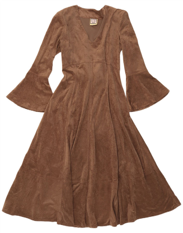 Vintage Dame Maxi Langærmet A-Line Kjole UK 12 Medium Brun Polyester