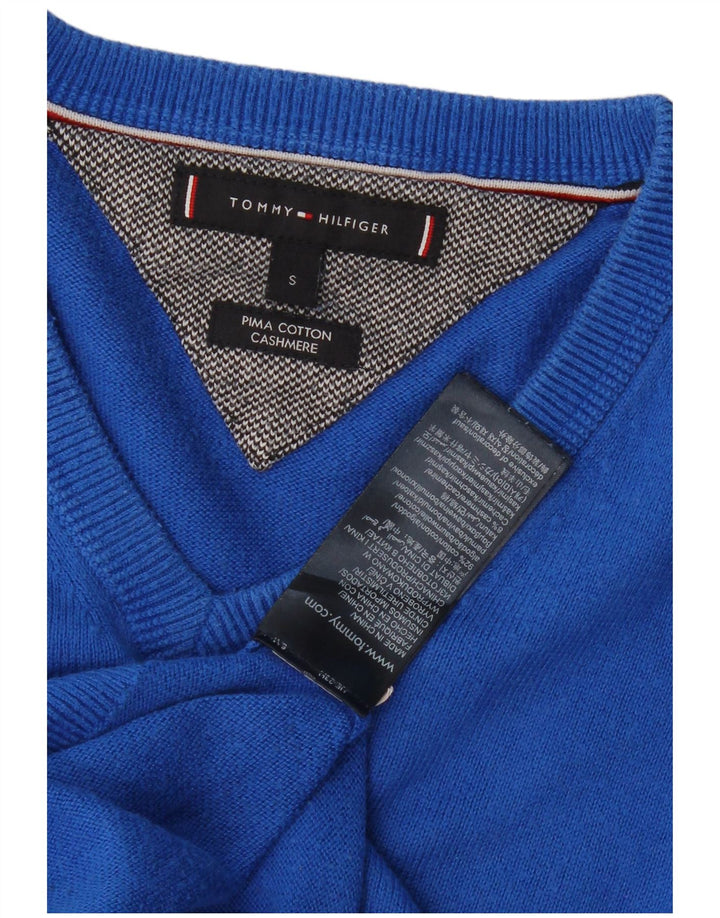 TOMMY HILFIGER Mens V-Neck Jumper Sweater Small Blue Cotton