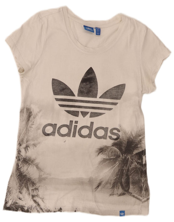 Adidas Dame Grafisk T-Shirt Top UK 14 Medium White Floral Bomuld