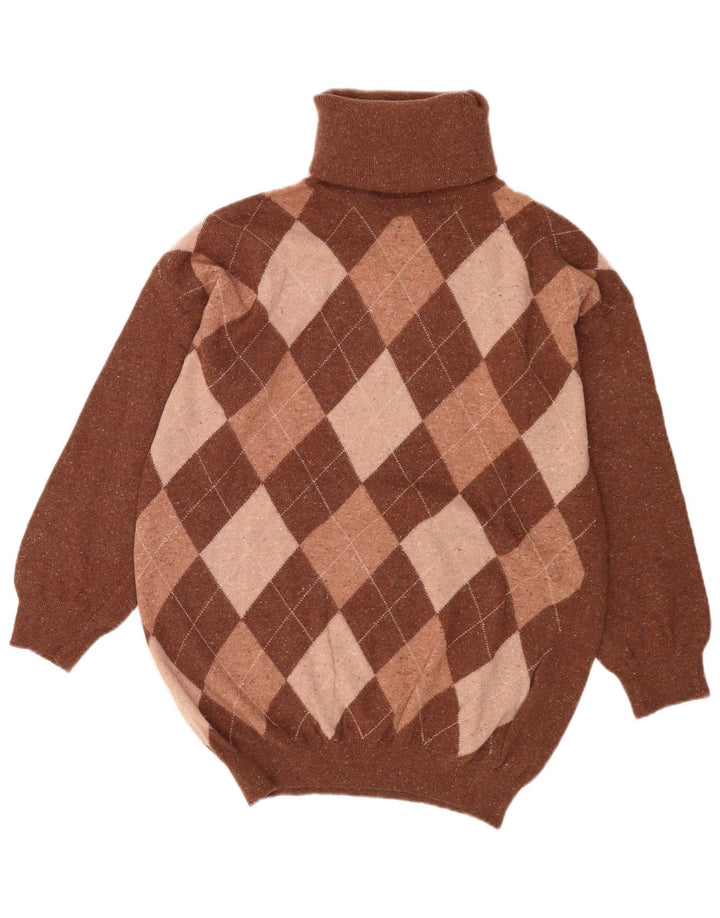 Vintage Mens Roll Neck Jumper Sweater Medium Brown Argyle/Diamond Wool