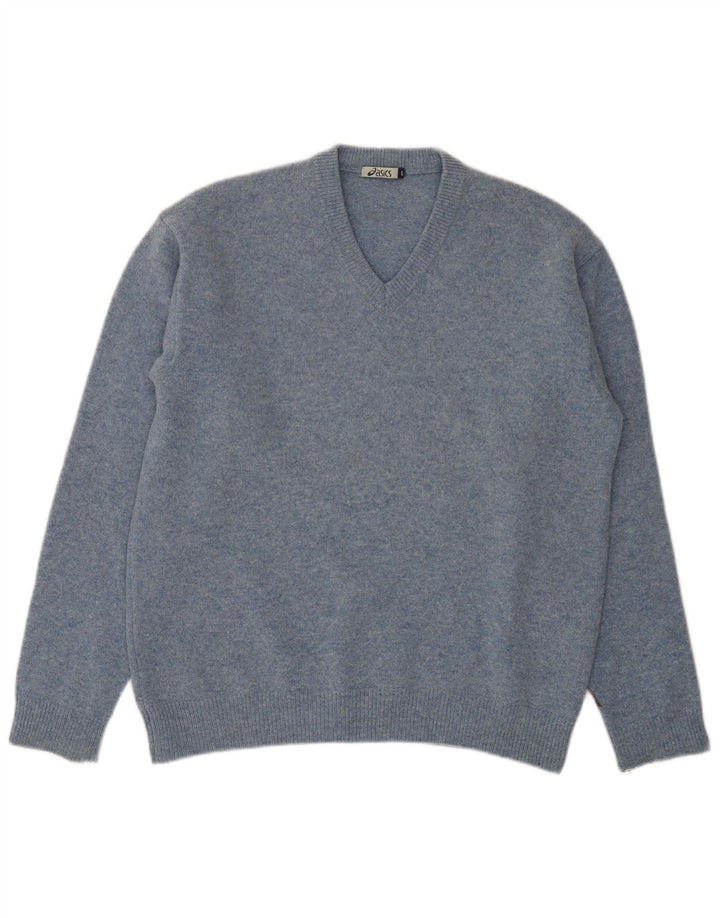 Męski sweter Asics z dekoltem w kształcie litery V, duży, niebieski, z owczej wełny