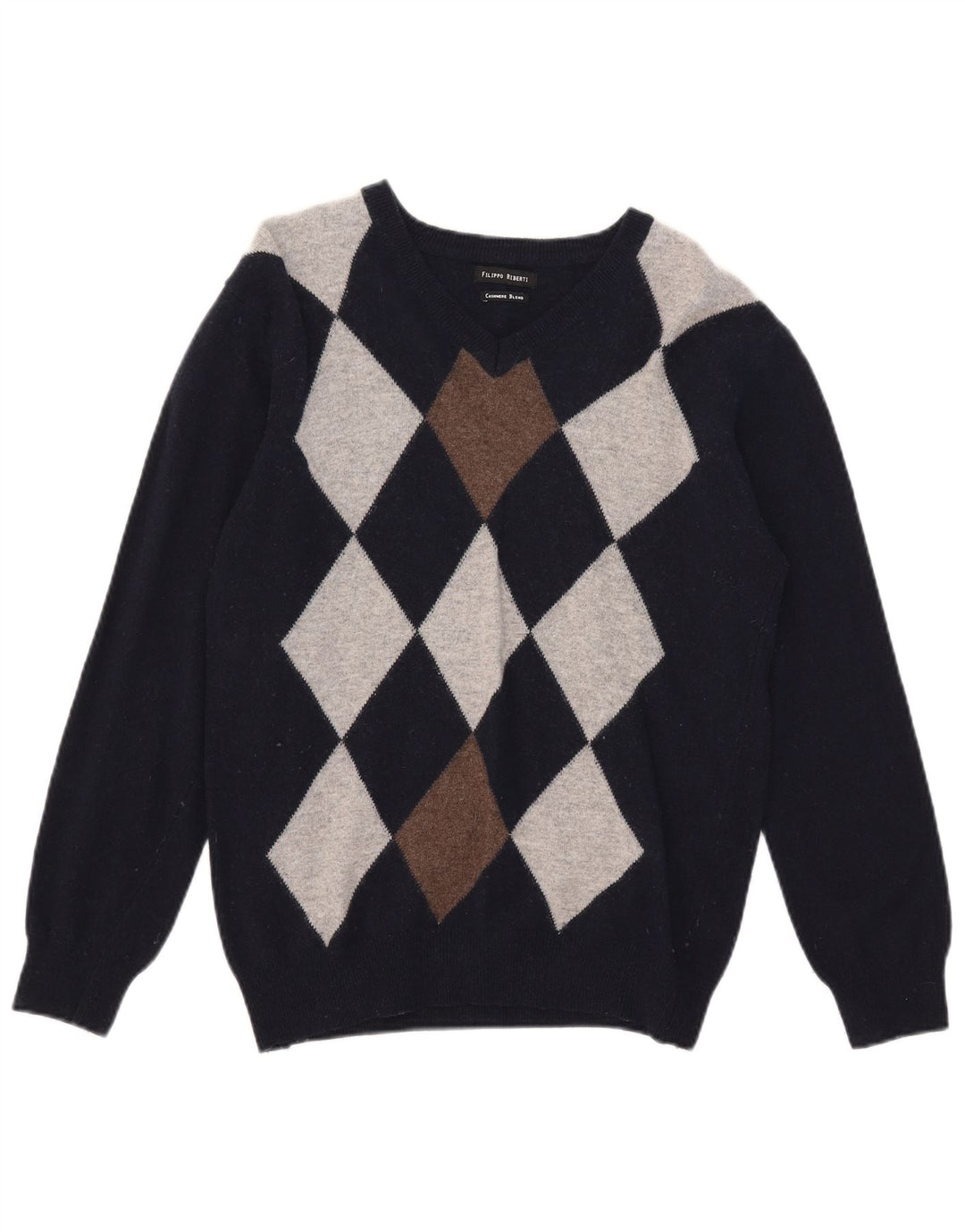 Filippo Riberti Mens V-Neck Jumper Sweater Small Navy Blue Argyle/Diamond