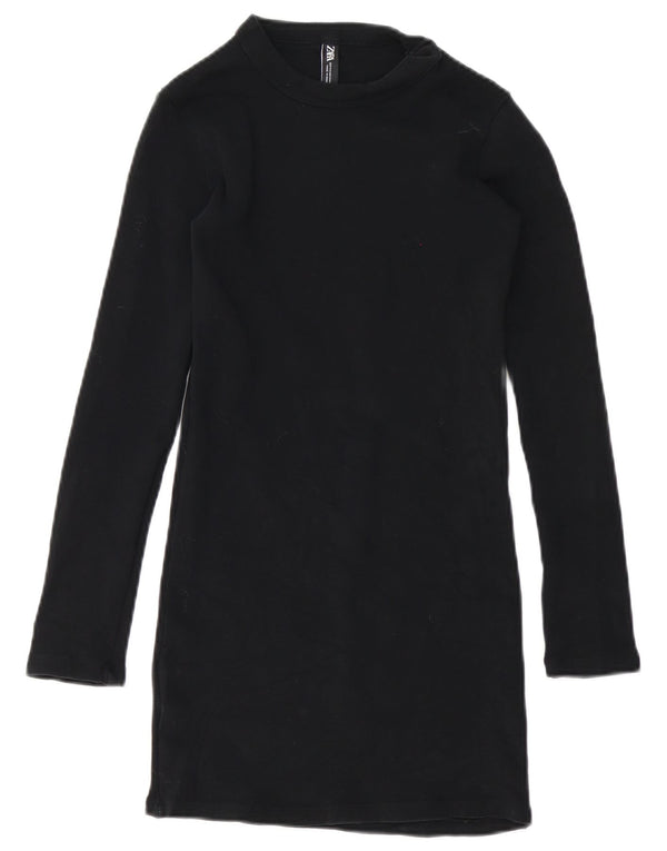 Zara Damen Langarm-T-Shirt-Kleid UK 10 Small Schwarz Baumwolle