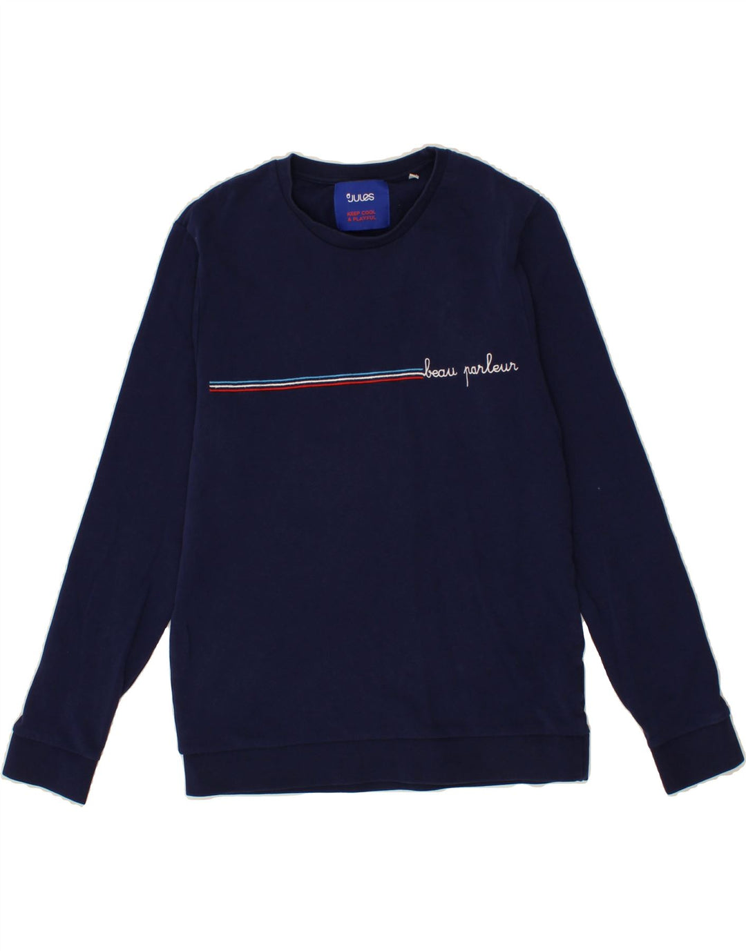 JULES Mens Graphic Sweatshirt Jumper Medium Navy Blue Cotton Vintage Jules and Second-Hand Jules from Messina Hembry 