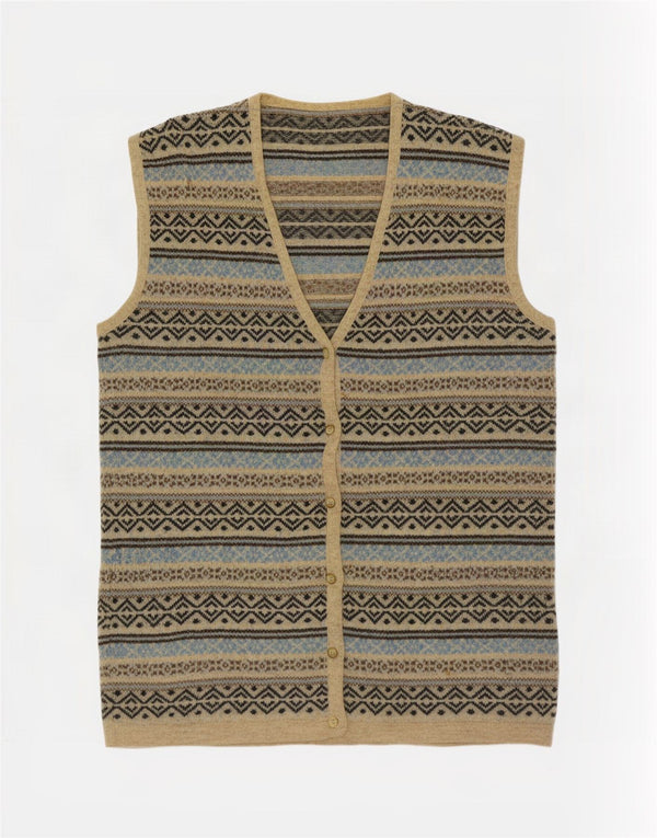 Pulover Cardigan fără mâneci Vintage pentru femei UK 14 Medium Beige Fair Isle
