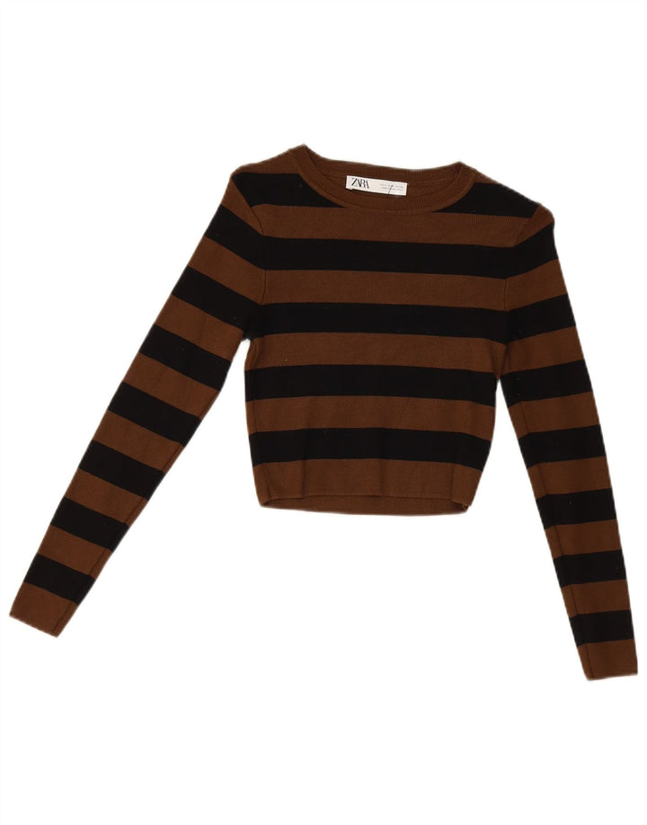 Zara Womens Crop Top Long Sleeve UK 12 Medium Brown Striped Viscose