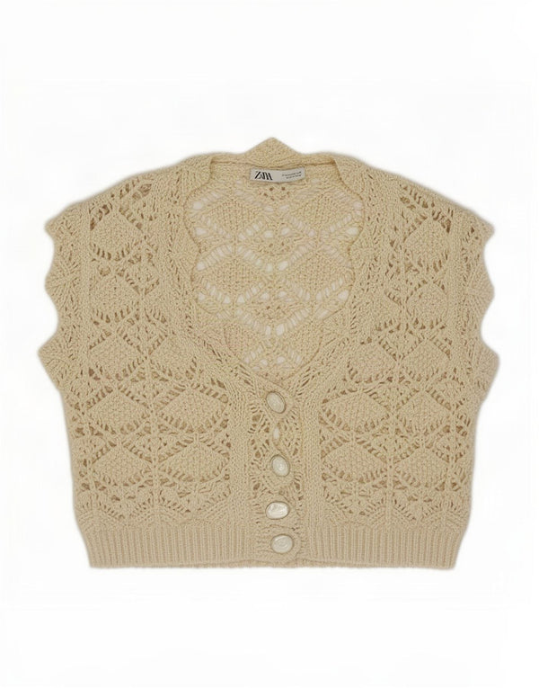Zara Womens Crop Ærmeløs Se Through Cardigan Top UK 14 Medium Off White