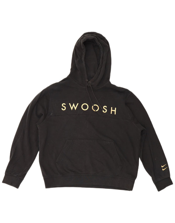 Nike Womens Swoosh Graphic Oversized Hoodie Jumper UK 16 Large Black Cotton