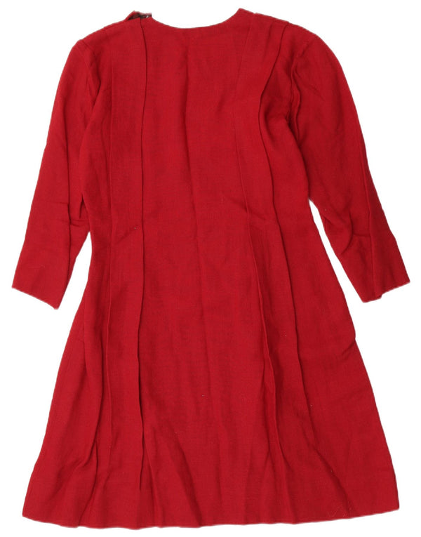 Vintage mujer 3/4 manga A-Line vestido Reino Unido 10 pequeño rojo