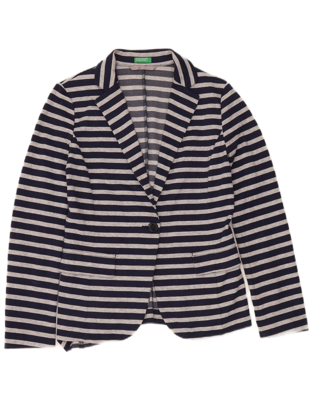 Benetton Womens 1 Button Blazer Jacket UK 10 Small Navy Blue Striped