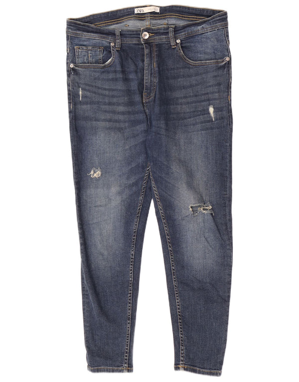 Zara Herren Distressed Cropped Skinny Jeans EU 44 Large W34 L26 Blaue Baumwolle